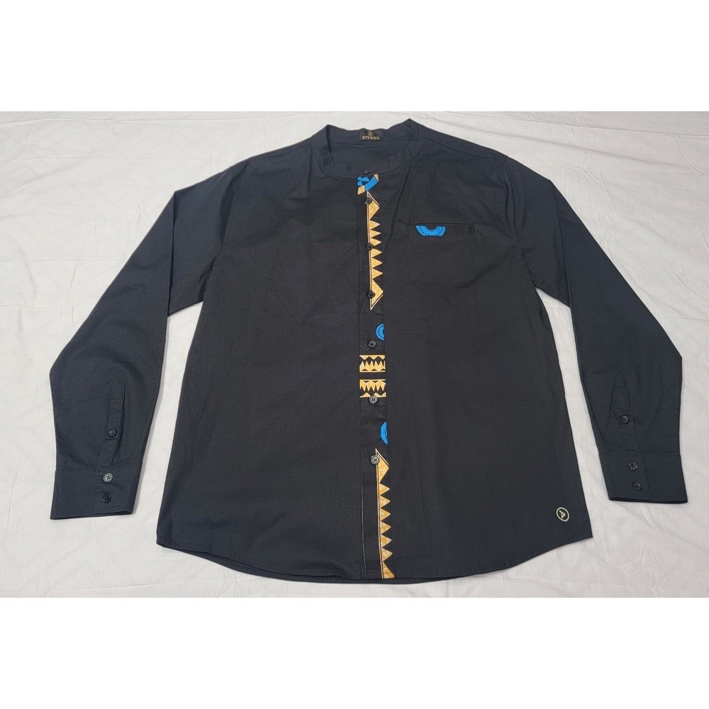 D'Iyanu‎ Mens Black African Print Trim Mandarin Collar Button Down Shirt Large